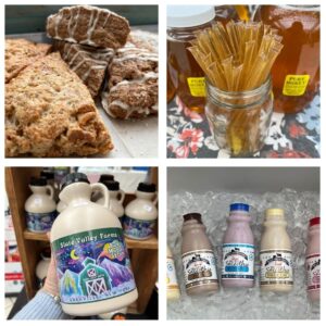 An assortment of breakfast foods including smoothies, syrup, honey, scones