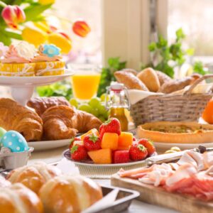A table set and filled with festive foods for an Easter brunch