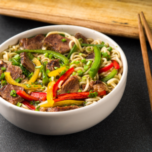 bowl of beef and vegetable lo mein