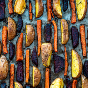 roasted potatoes, carrots and beets