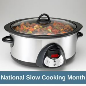 a crock-pot on a counter filled with soup