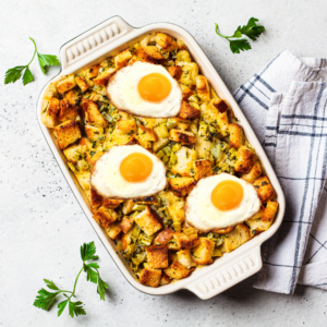 bread sausage and apple hash with eggs
