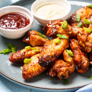 chicken wings on a plate with dipping sauces