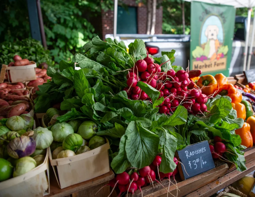 At the Saratoga Outdoor Markets, a vibrant farmers market stand displays fresh vegetables—radishes with greens, tomatillos in baskets, potatoes, and colorful bell peppers. A chalkboard sign lists radishes at $3 per bunch.