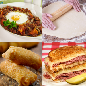 A group of four recipe photos; corned beef hash, egg rolls, reuben sandwich and pizza dough