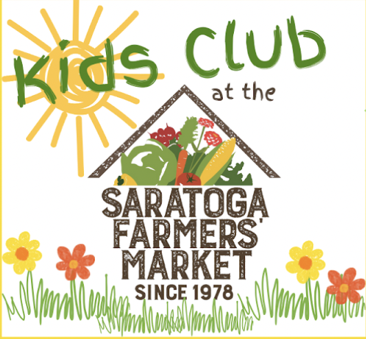 Colorful Kids Club logo for the Saratoga Farmers’ Market, featuring a sun, garden vegetables, cheerful flowers, and the text “Since 1978.”.