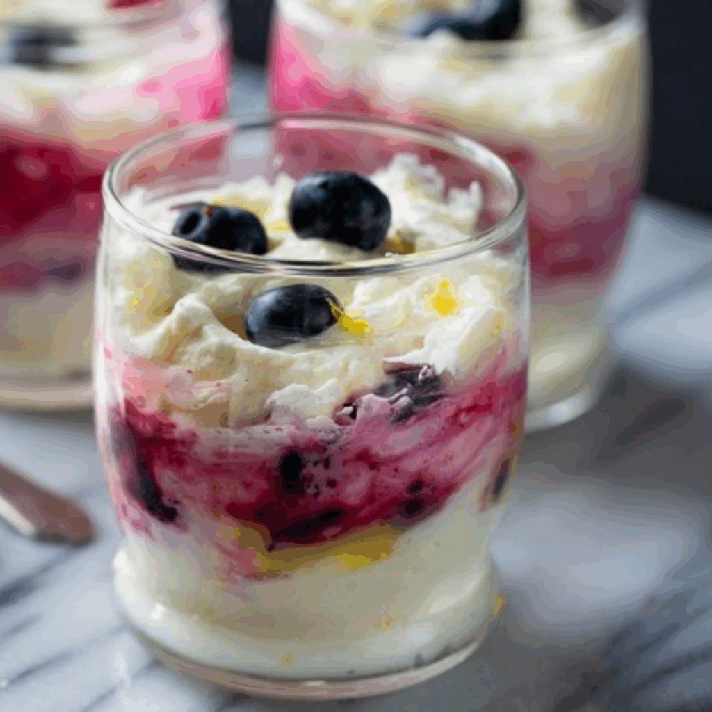 Blueberry Fool Dessert in a glass dish