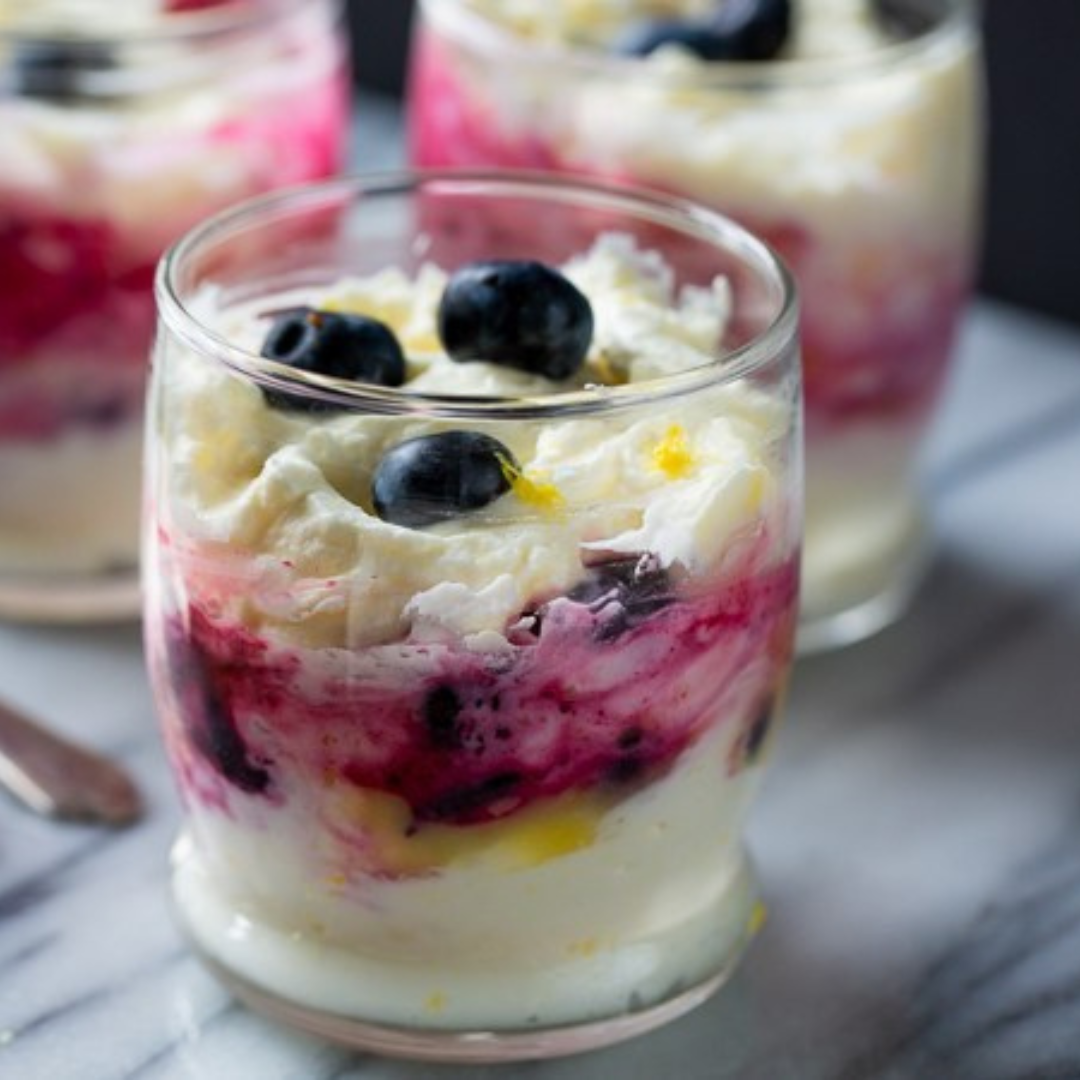 Blueberry Fool Dessert in a glass dish