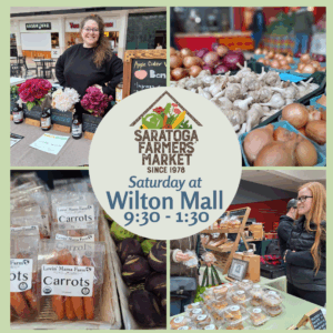 A collage of vendors and produce at the market