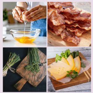 Photo collage of someone making eggs lorraine