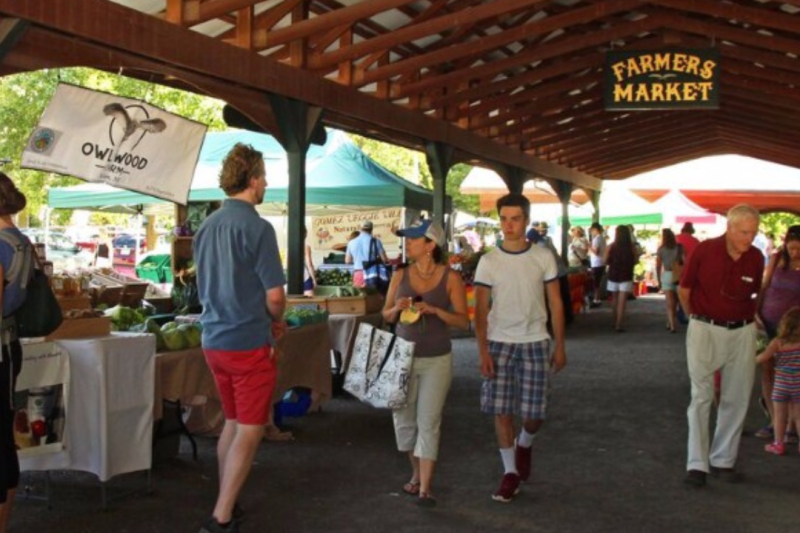 People walk under a wooden pavilion at a farmers market, passing by stalls with fresh produce and banners. The lively, shaded area bustles with shoppers carrying bags, while some vendors display SNAP signs at their booths.